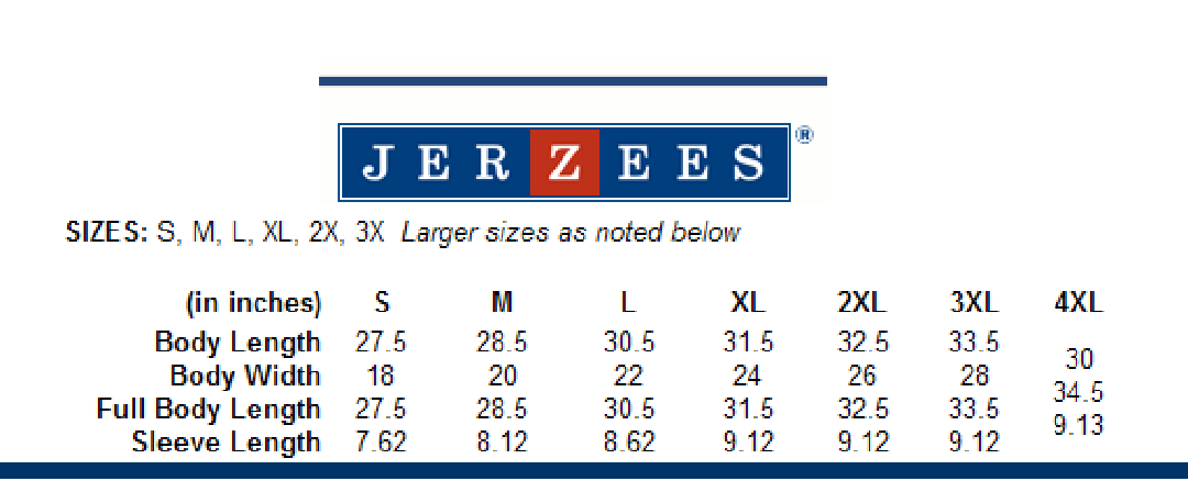 Jerzees Shirt Size Chart