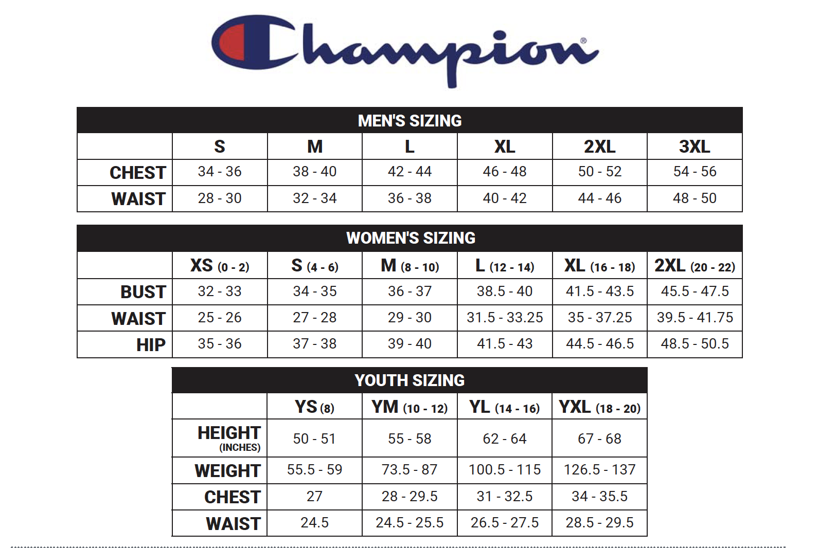 champion jacket size chart