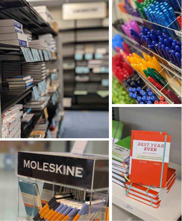 Composite image of textbooks, pens, stationery, notebooks and other supplies available at the Dalhousie Bookstore in Halifax. 